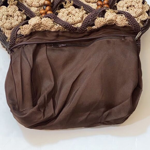 VTG, Crochet Style Retro Handmade Floral Handbag And Shoulder Bag Brown And Gold - Picture 14 of 16